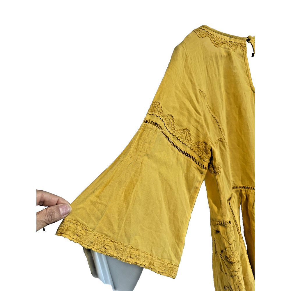 Anthropologie Womens Mini Dress Mustard Yellow Embroidered Boho Coquette Sz-XL - Picture 11 of 11